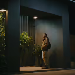 a man standing against the wall while looking up