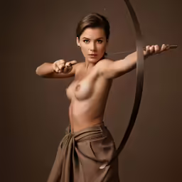 a naked woman holding onto a very long brown bow and arrow