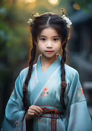 a young girl dressed up as geisha,a woman in oriental clothes stands with her hands on her hips