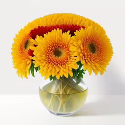 a small vase with red and yellow flowers in it,the vase holds yellow flowers, and red petals