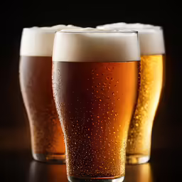 three glasses of beer are shown on a table
