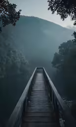 a wooden pier stretching out into a misty river