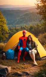 a couple sits on a tent with mountains in the background,a man and woman posing with a tent