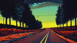 a road is painted in the form of a painting,there is a long road that has trees on the side