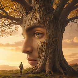 the tree faces seem to be growing and has the eyes open