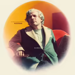 a man in a green jacket and gray sweater sitting in a chair