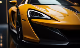 a yellow sports car that is parked inside of a garage