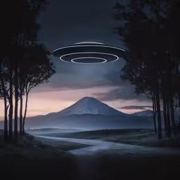 an alien is flying above the mountains