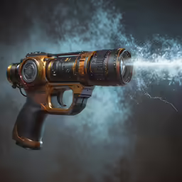 a gold and black gun flying through the air