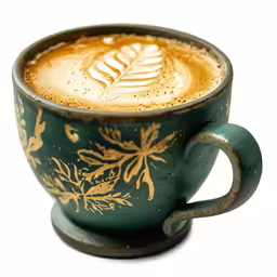 a close up of a cup of coffee with a plant on it