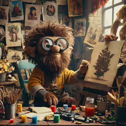 a troll with glasses on holding something in his hand