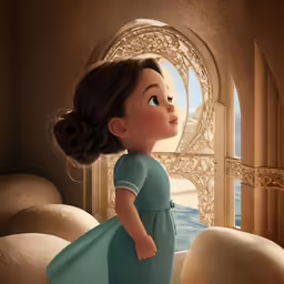 a girl in a blue dress with her hands behind her back