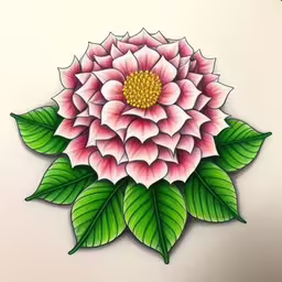 a drawing of pink and green flowers on white paper,drawing a large pink flower with green leaves