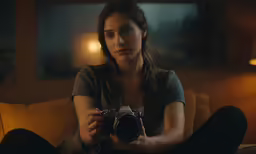 young woman holding up a small digital camera
