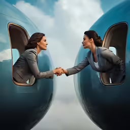 two business women on the nose of a plane, one touching the other hand