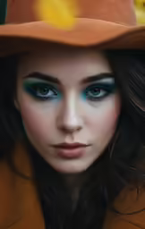 a woman with blue eyes wearing a brown hat