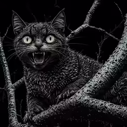 a cat sitting in a tree with its mouth open