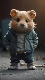 a close up of a stuffed animal wearing a jacket