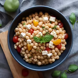 a blue bowl filled with chickpeas and tomatoes