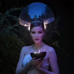 a woman in white gown holding a bowl