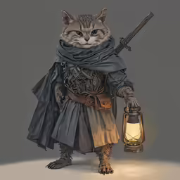 a cat dressed as a knight holding a lantern