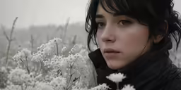 the woman in black jacket is surrounded by white flowers
