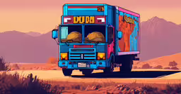 a truck driving down a dirt road near a mountain range,a brightly colored, semi truck traveling down a highway