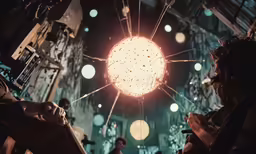 people looking at a large light ball in an old fashioned building