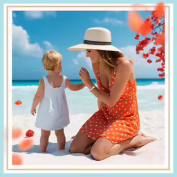 a woman and little child on a beach with a red rose
