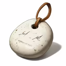 a round ornament hanging on a leather cord