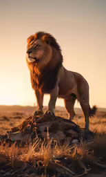 a lion stands on top of a pile of rocks