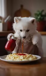 the puppy is trying to chew on a piece of spaghetti