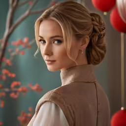 a woman in a brown coat standing in front of some ornaments