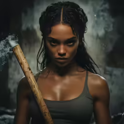 a woman holding a large stick wearing grey tank top