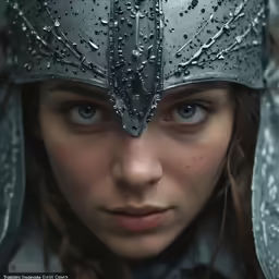 the woman is wearing a steel helmet with water drops on it