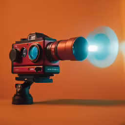 a small camera is sitting on a tripod with a flash light
