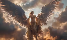 an illustration shows the angel standing on a pedestal with her arms outstretched in front of clouds