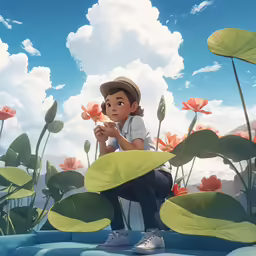a woman kneeling down next to some plants