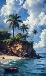 a boat is moored near a beach with two palm trees