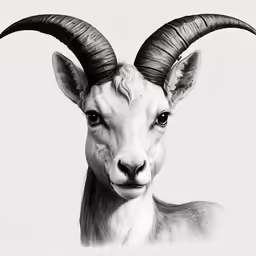 a black and white photo of a ram with horns