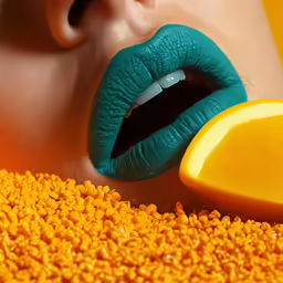 the lips are blue and yellow, while the eyes are clear