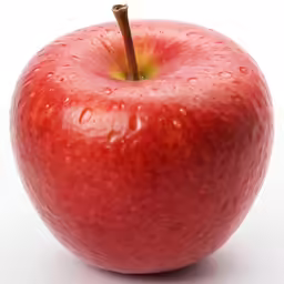 a large red apple with drops of water