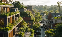 a city is seen during daytime and there are planters on the buildings