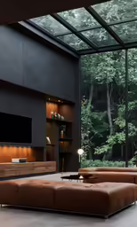 the view outside shows tall glass windows, large couches and a television