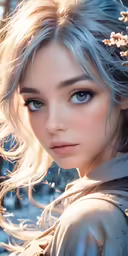 a woman with blue eyes and white hair