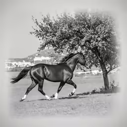 the horse is trotting through the field beside the tree