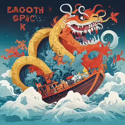 an image of an orange and white dragon on top of a ship