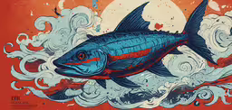 a large fish with red stripes and white waves,a painting of a fish in the waves
