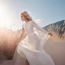 a beautiful young woman wearing a white dress walking