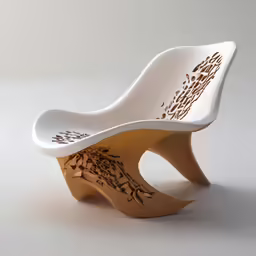 a white chair with a wooden base with brown artwork
